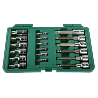 1/4" + 1/2" Galvučių su antgaliais rinkinys (TORX) 18vnt. 1/4" + 1/2" Galvučių su antgaliais rinkinys (TORX) 18vnt.