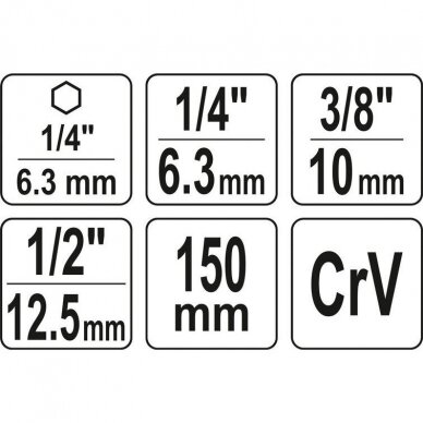 1/4"+3/8"+1/2" prailgintų adapterių suktuvui rinkinys 3vnt. 1 1/4"+3/8"+1/2" prailgintų adapterių suktuvui rinkinys 3vnt. 1