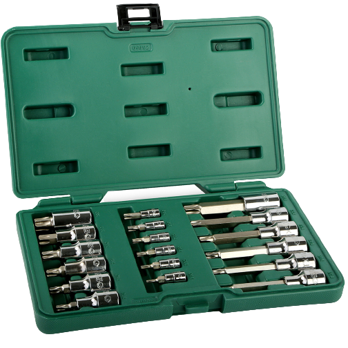 1/4" + 1/2" Galvučių su antgaliais rinkinys (TORX) 18vnt. 1/4" + 1/2" Galvučių su antgaliais rinkinys (TORX) 18vnt.