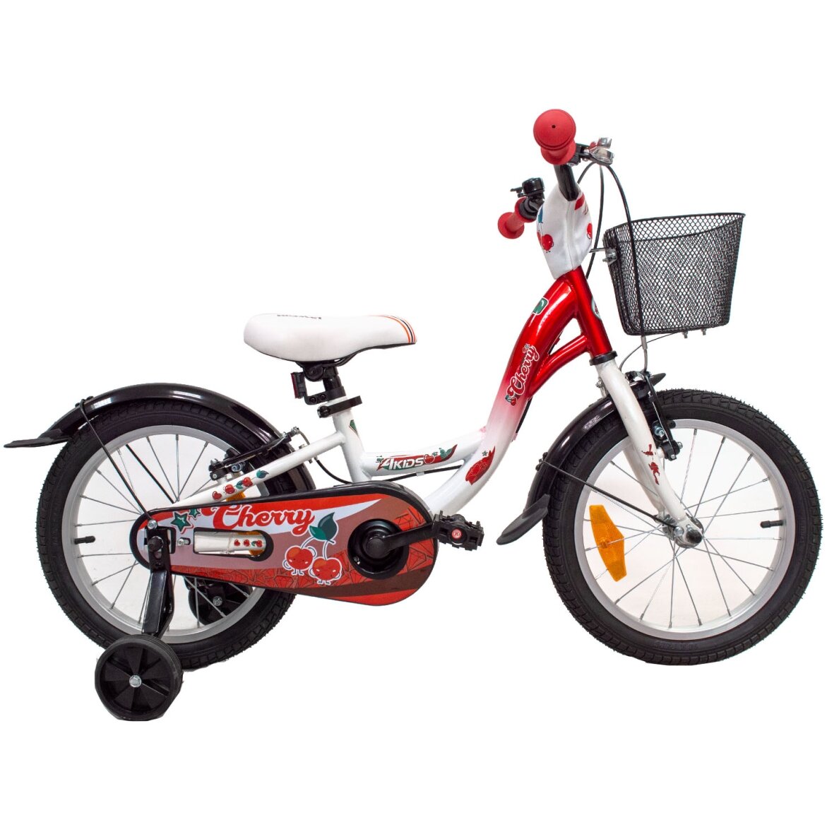 4KIDS Cherry 16" // 1G, dydis 9.5" (24 cm), V-Brake ir Kojinis stabdžiai, plieninis (raudona/balta)
