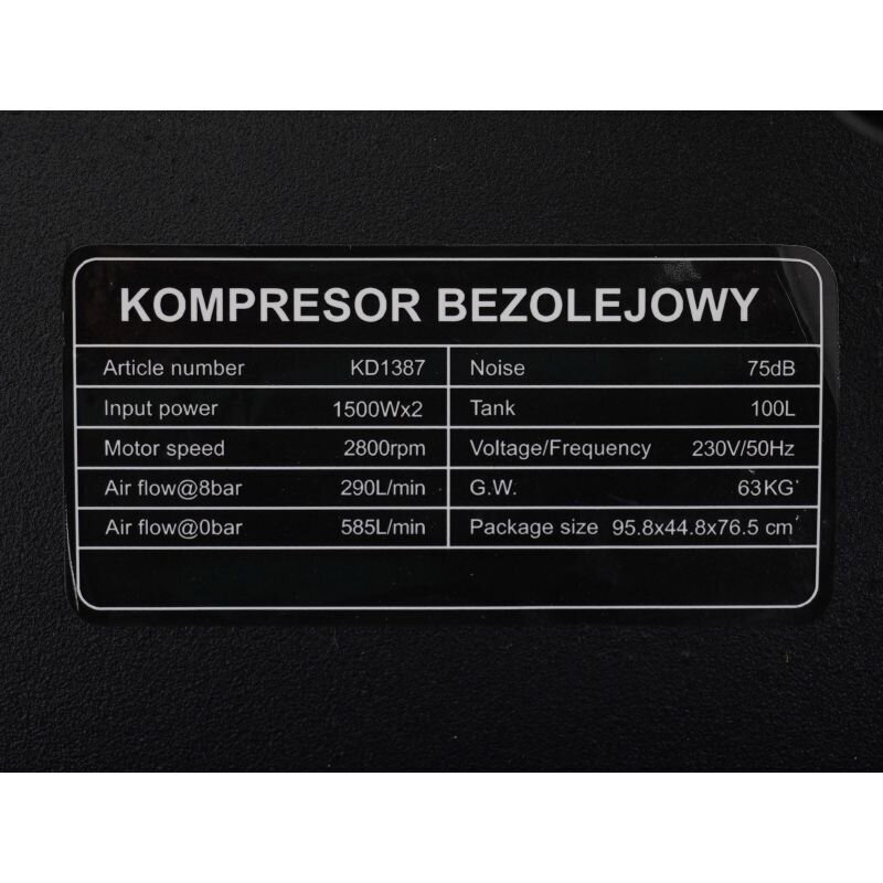 Betepalinis oro kompresorius 100L, 2 x 1500W, KD1387 14