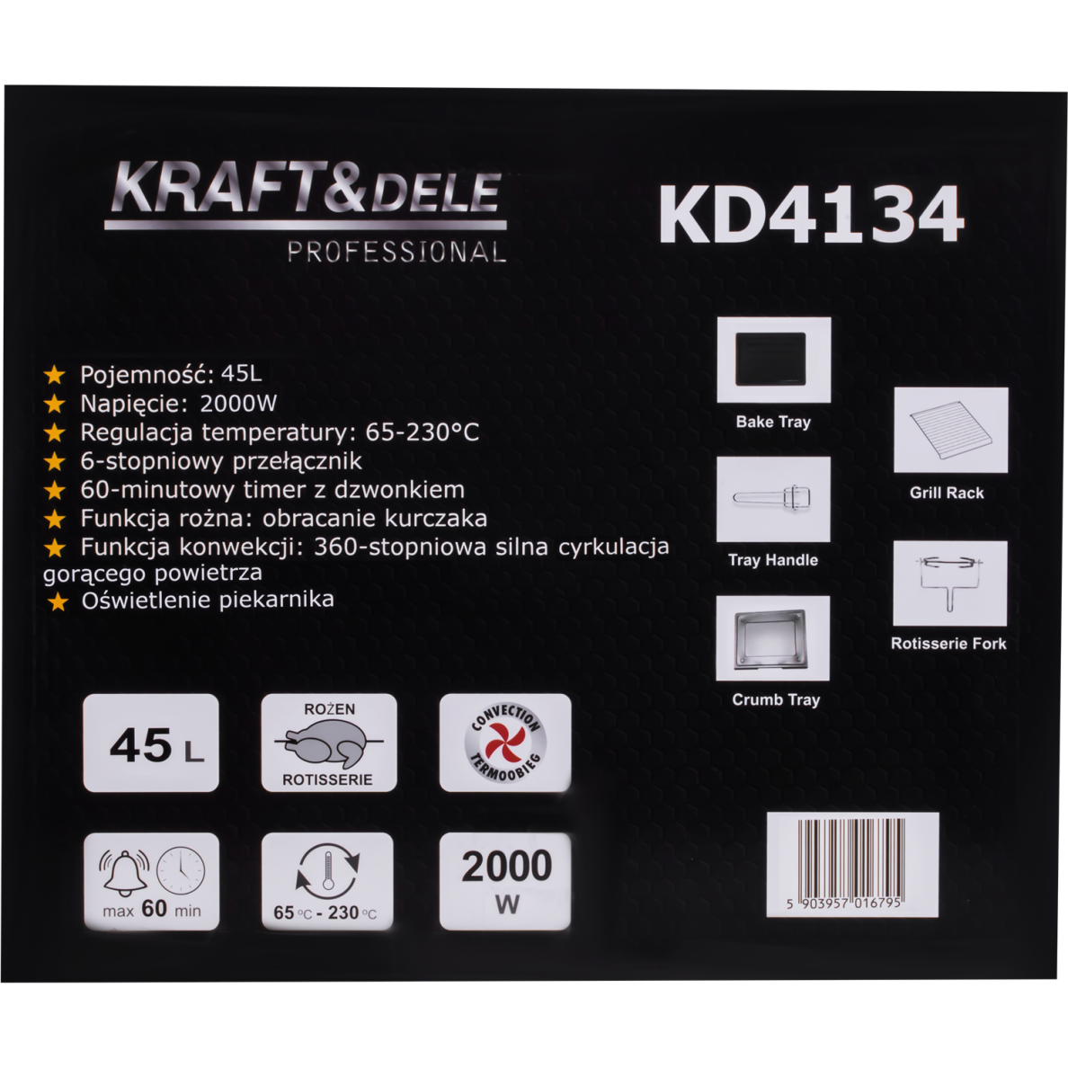 Elektrinė orkaitė 45 l 2000 W su iešmu ir priedais KD4134 8