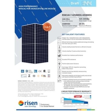Fotovoltinė plokštė BIFACIAL 445W MONOCRYSTALL RISEN