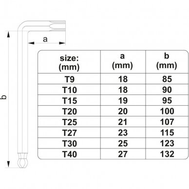 L-tipo šešiakampių TORX trumpų raktų rinkinys 8vnt. (T9-T50) 1