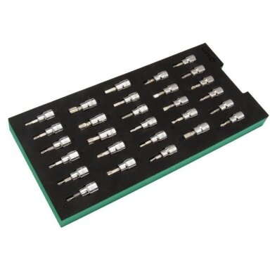 Padėklas. Galvučių su antgaliais rinkinys 3/8" (pl./PH/PZ/HEX/torx) 28vnt. Padėklas. Galvučių su antgaliais rinkinys 3/8" (pl./PH/PZ/HEX/torx) 28vnt.