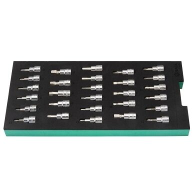 Padėklas. Galvučių su antgaliais rinkinys 3/8" (pl./PH/PZ/HEX/torx) 28vnt. Padėklas. Galvučių su antgaliais rinkinys 3/8" (pl./PH/PZ/HEX/torx) 28vnt.