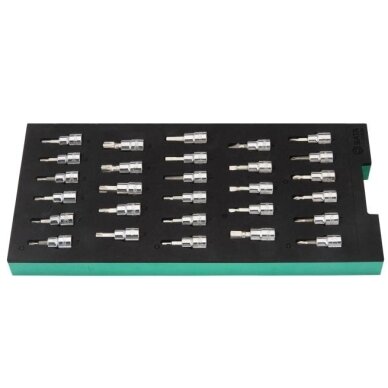 Padėklas. Galvučių su antgaliais rinkinys 3/8" (pl./PH/PZ/HEX/torx) 28vnt. Padėklas. Galvučių su antgaliais rinkinys 3/8" (pl./PH/PZ/HEX/torx) 28vnt.
