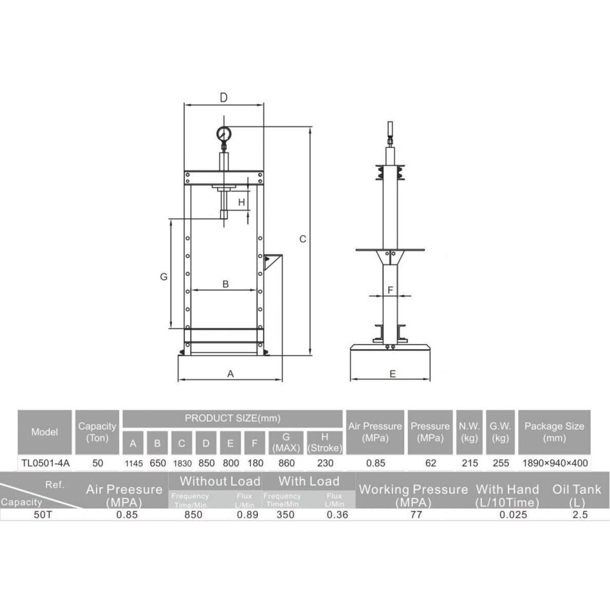 Pneumatinis / hidraulinis presas su manometru 50t 1 Pneumatinis / hidraulinis presas su manometru 50t 1
