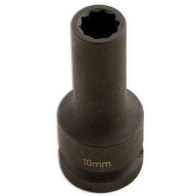 Prailginta smūginė galvutė 1/2" 10mm (10-kamp.) išardomiems ratlankiams Prailginta smūginė galvutė 1/2" 10mm (10-kamp.) išardomiems ratlankiams
