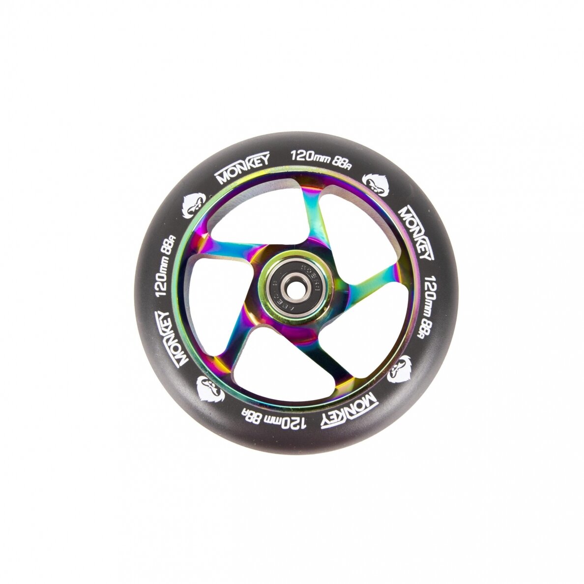 Triukinio paspirtuko ratukas Monkey 5-spoke black on neo-chrome 120mm Triukinio paspirtuko ratukas Monkey 5-spoke black on neo-chrome 120mm