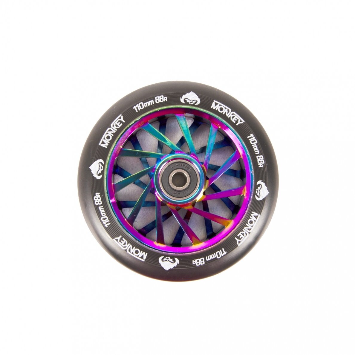 Triukinio paspirtuko ratukas Monkey double spokes black on neochrome 110mm