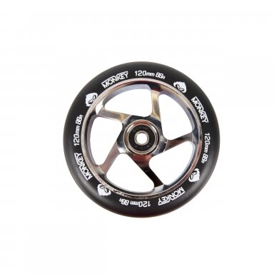 Triukinio paspirtuko ratukas Monkey 5-spoke black on chrome 120mm Triukinio paspirtuko ratukas Monkey 5-spoke black on chrome 120mm