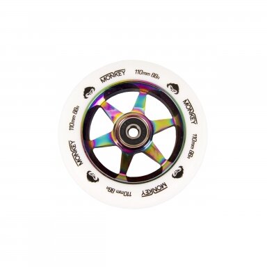 Triukinio paspirtuko ratukas Monkey 5-spoke white on neochrome 110mm Triukinio paspirtuko ratukas Monkey 5-spoke white on neochrome 110mm
